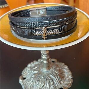 Ed Hardy Black Faux Leather Stackable Bracelets with Silver Tone Cross